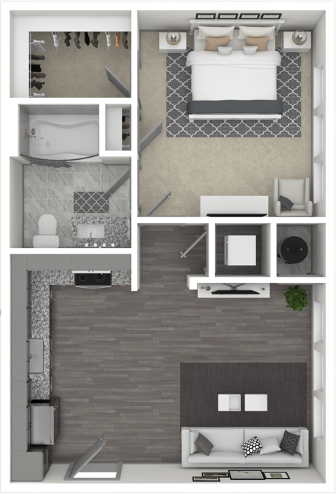 a 3d drawing of the interior of a 1 bedroom apartment